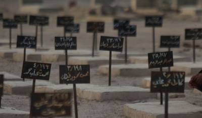 Man sitting in front of a graveyard (tombstones in arabic)