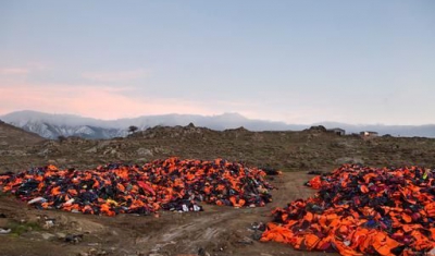 Life jackets on a beach in Greece