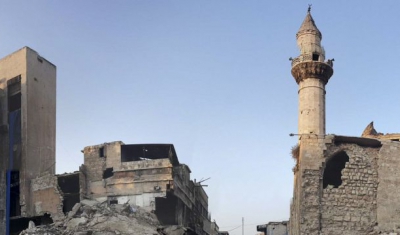 Syria, Aleppo, Al-Swaiqa. Destructions at the entrance of one of the ancient bazars in the city. 