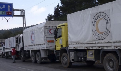 2016, Rural Damascus, Zabadani way. A joint ICRC, UN, Syrian Arab Red Crescent aid convoy en route to Madaya.