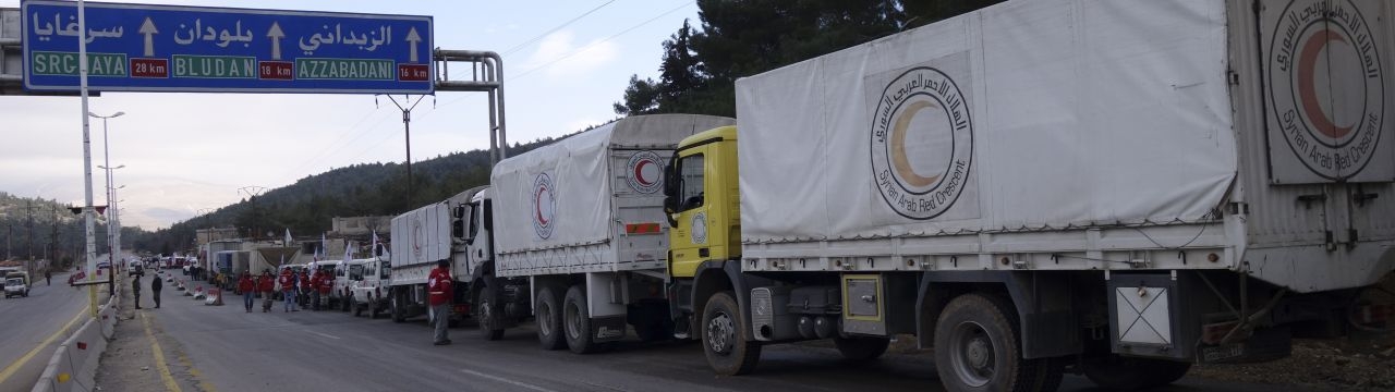 2016, Rural Damascus, Zabadani way. A joint ICRC, UN, Syrian Arab Red Crescent aid convoy en route to Madaya.
