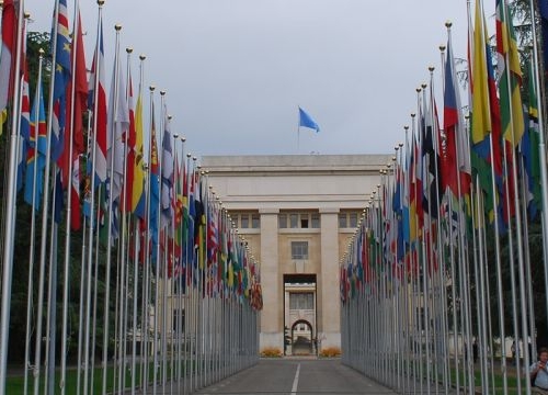 Flags outside the Palais de Nations in Geneva