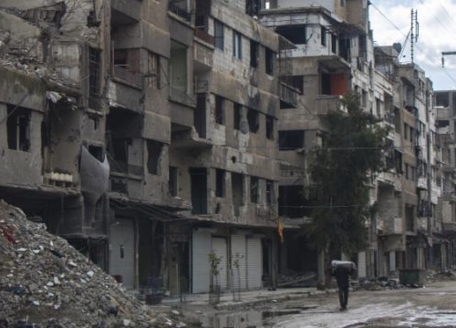 Destroyed buildings in Harasta, Syria