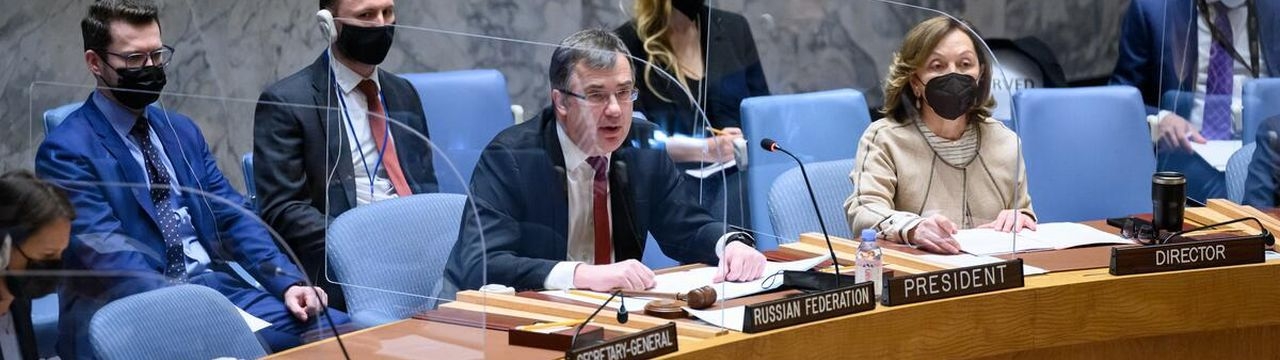 Gennady Kuzmin, Deputy Permanent Representative of the Russian Federation to the United Nations and President of the Security Council for the month of February, chairs the Security Council meeting on threats to international peace and security caused by t