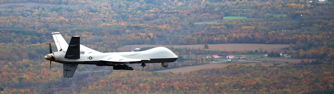 A remotely piloted MQ-9 Reaper operated by the New York Air National Guard’s 174th Attack Wing flies a routine training mission over Central New York.