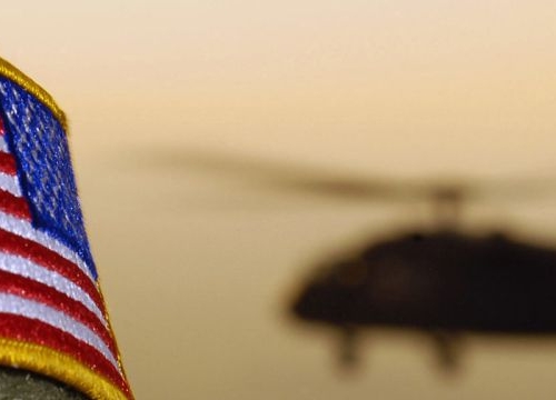 Close-up of a US Flag patch as a US Army (USA) UH-60A Black Hawk (Blackhawk) helicopter