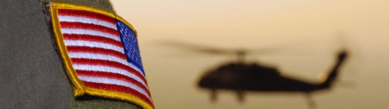 Close-up of a US Flag patch as a US Army (USA) UH-60A Black Hawk (Blackhawk) helicopter