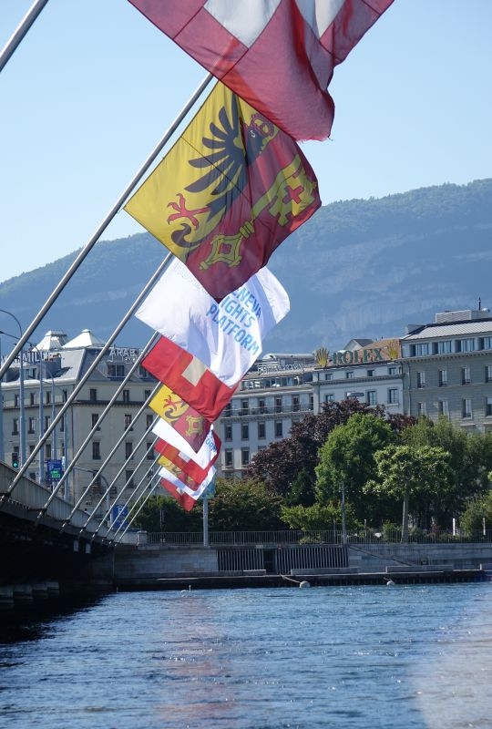 Flags of the Geneva Human Rights Platform on the Mont Blanc Bridge