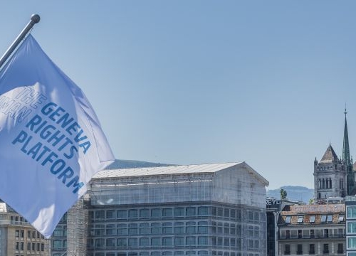 Flag of the Geneva Human Rights Platform on the Pont du Mont-Blanc in Geneva