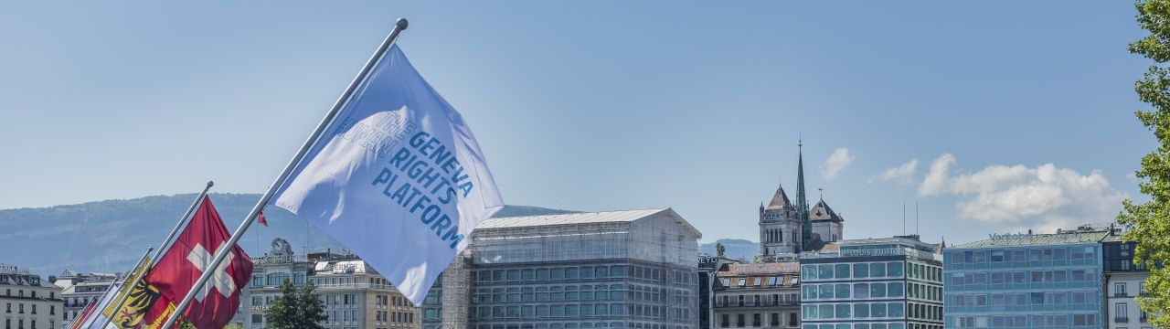 Flag of the Geneva Human Rights Platform on the Pont du Mont-Blanc in Geneva