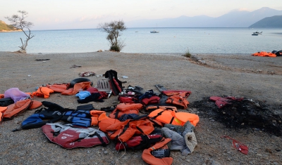Lifejackets on a beach in Greece