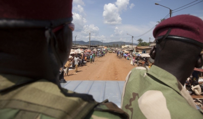 Central African republic, Bangui. Soldiers of the Democratic Republic of Congo patrol the Multinational Force of Central African States - 