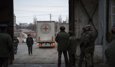 Ukraine, 2016,  Dnipro, remand prison. An ICRC distribution truck at the main gate of the prison.