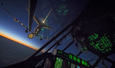 Pictured is the interior of a Royal Air Force C130J Hercules conducting low-light refuelling with an Airbus Voyager Airtanker during a routine training sortie over the West Coast of England.