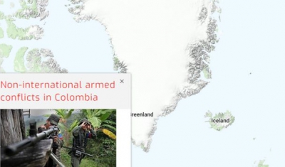 Map of the RULAC online portal with the pop-up window of the non-international armed conflicts in Colombia