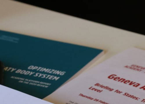 Papers related to the Geneva Human Rights Platform on a table