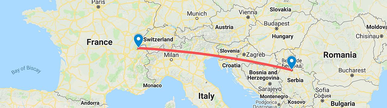 Map showing flight route from Geneva to Belgrade