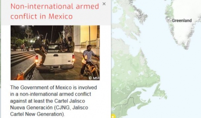 Map of the RULAC online portal with the pop-up window of the non-international armed conflict in Mexico.
