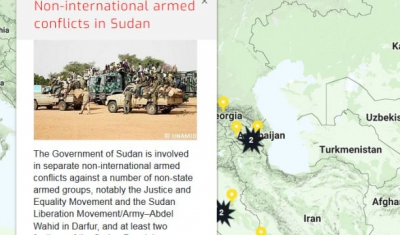 Map of the RULAC online portal with the pop-up window of the non-international armed conflicts in Sudan