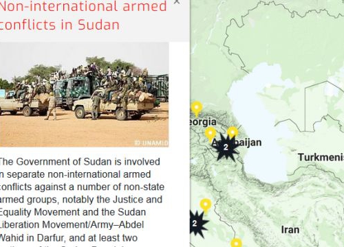 Map of the RULAC online portal with the pop-up window of the non-international armed conflicts in Sudan