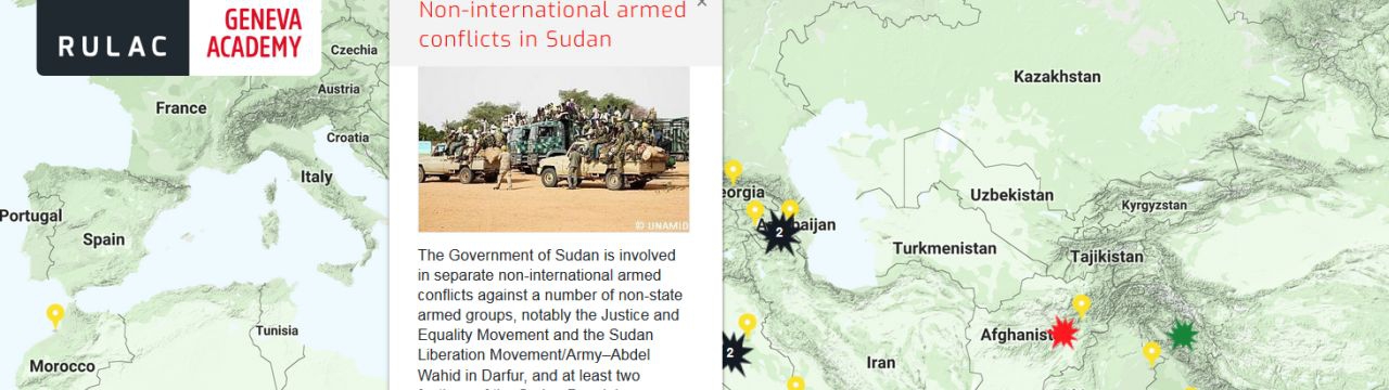 Map of the RULAC online portal with the pop-up window of the non-international armed conflicts in Sudan