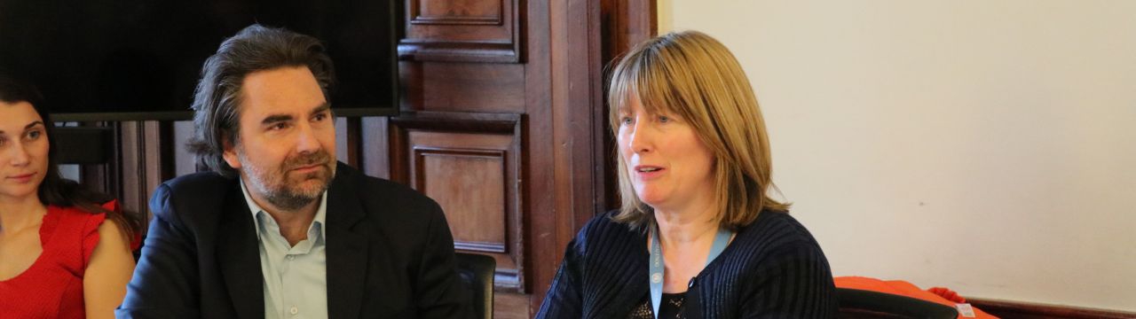 Professor Fionnuala Ni Aolain at the TJ Cafe, next to the Co-Director of the MAS in Transitional Justice Thomas Unger and the Teaching Assistant Firouzeh Mitchell