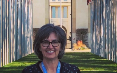 Lisa Borden in Front of the Palais des Nations in Geneva