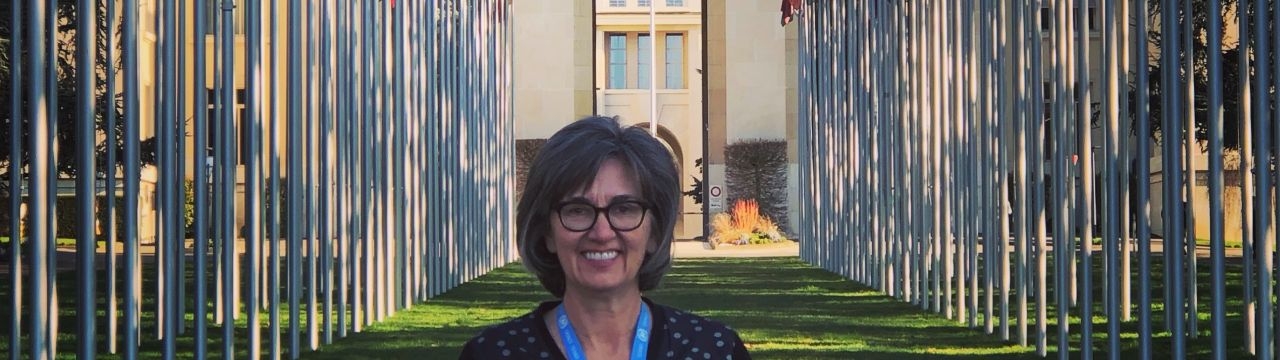 Lisa Borden in Front of the Palais des Nations in Geneva