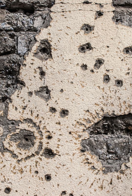 Masul, Iraq: a wall with bullet impacts. Mosul’s old town experienced intense shelling, aerial bombing and attacks with improvised explosive devices (IED) during the conflict to retake the city from the Islamic State group in 2016/17.