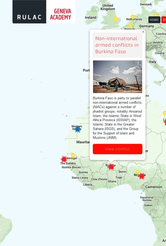 Map of the RULAC online portal with the pop-up window on the non-international armed conflicts in Burkina Faso Map of the RULAC online portal with the pop-up window on the non-international armed conflicts in Burkina Faso