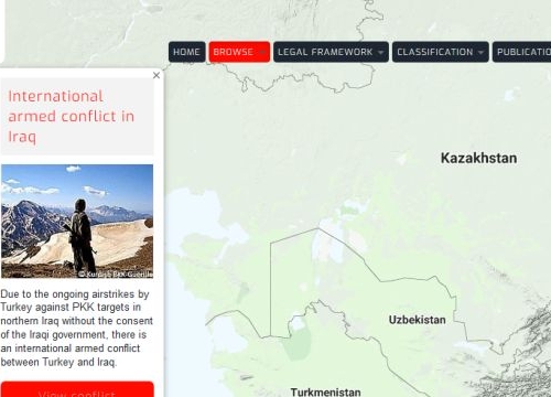 Map of the RULAC online portal with the pop-up window showing the IAC in Iraq..