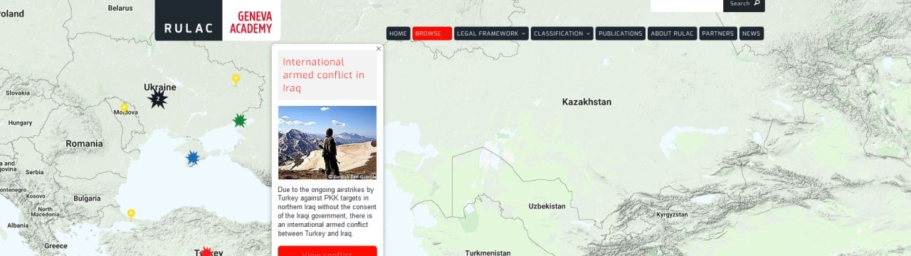 Map of the RULAC online portal with the pop-up window showing the IAC in Iraq..