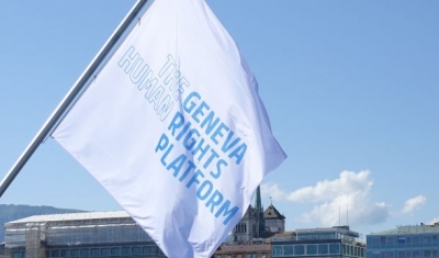 Flags of the Geneva Human Rights Platform on the Mont-Blanc Bridge