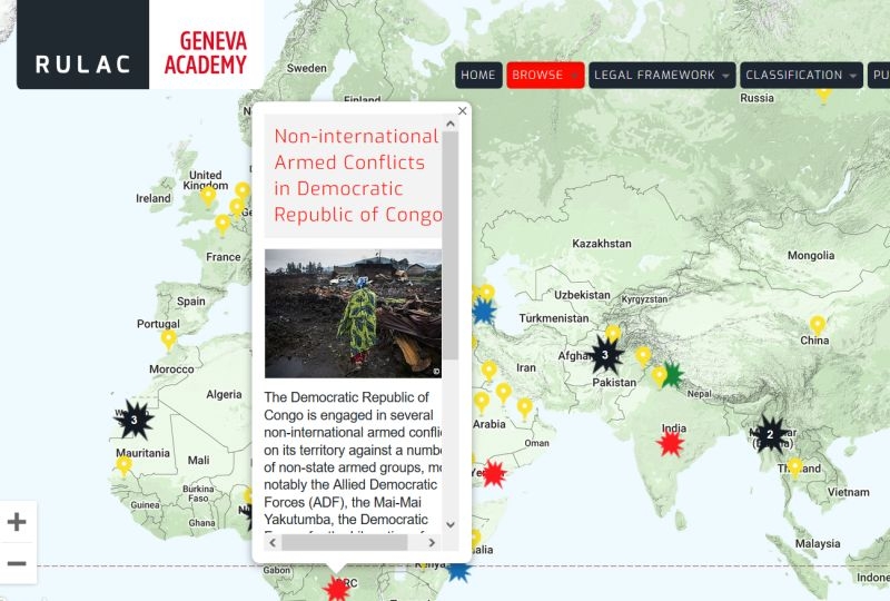 Map of the RULAC online portal with the pop-up window of the non-international armed conflict in DRC