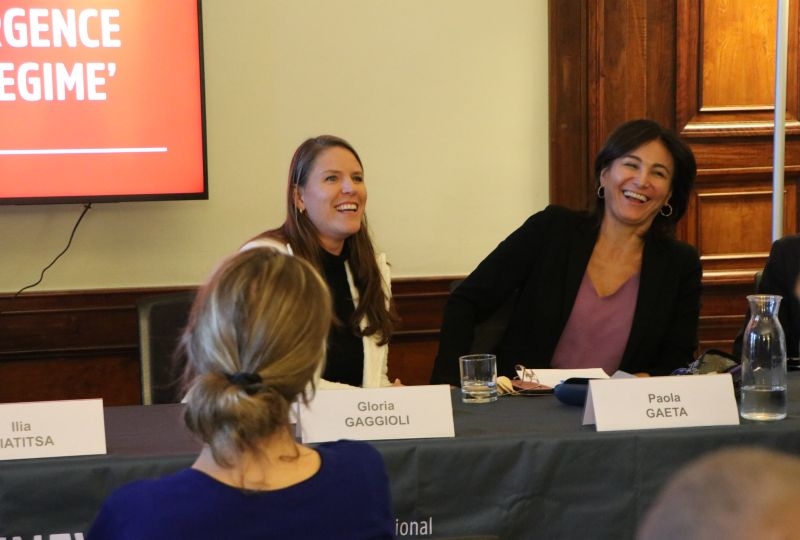 Professors Gloria Gaggioli and Paola Gaeta at a panel discussion at Villa Moynier