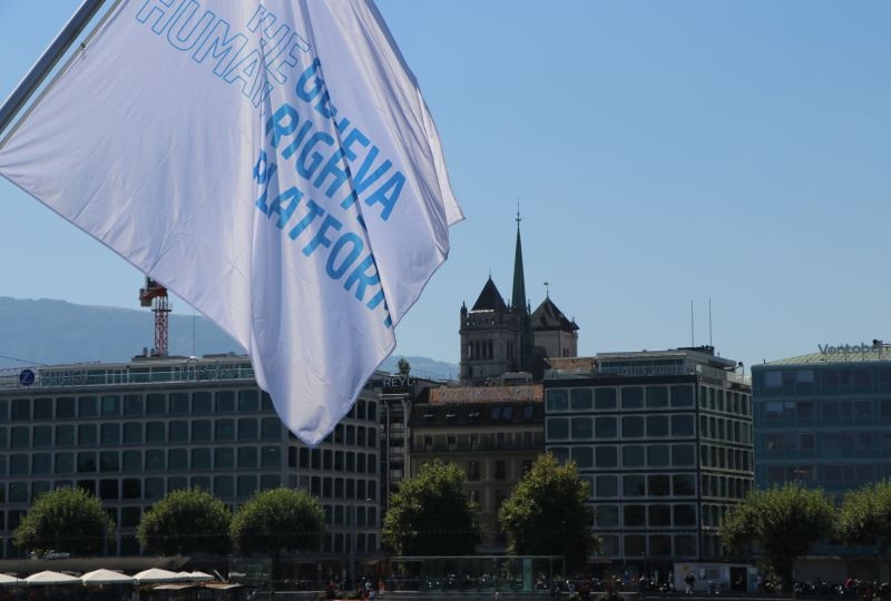 Flag of the Geneva Human Rights Platform on Mont-Blanc bridge