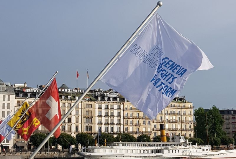 Flags of the Geneva Human Rights Platform on the Mont-Blanc bridge