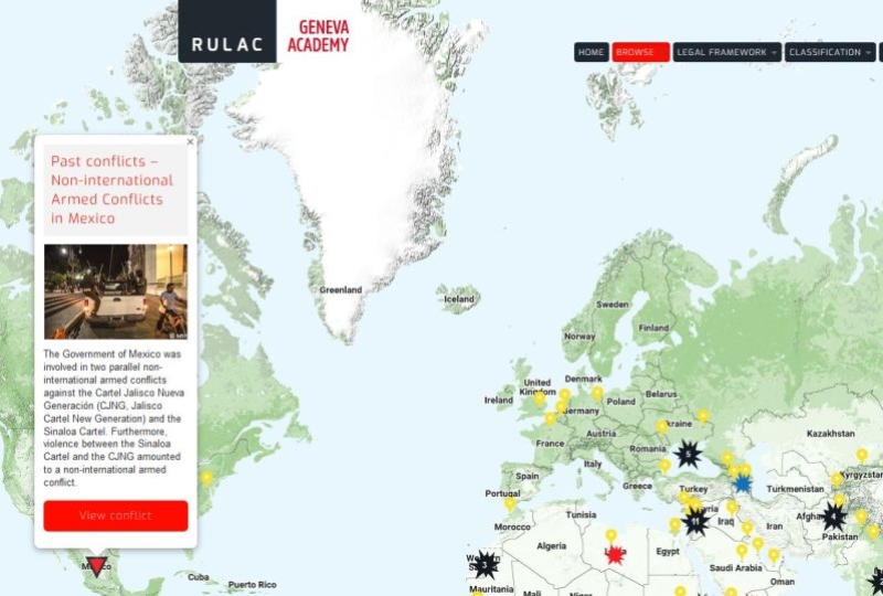 Map of the RULAC online portal with the pop-up window on the past armed conflicts in Mexico