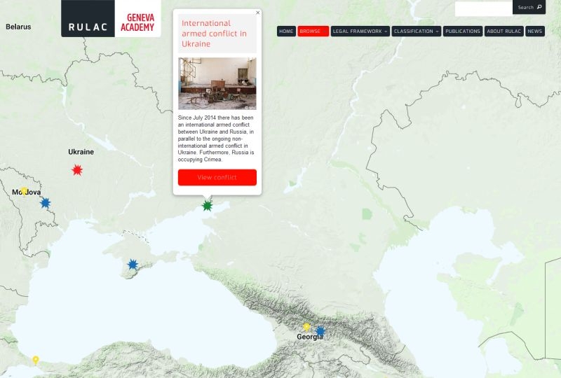 Map of the RULAC online portal with the pop-up window on the international armed conflict between Ukraine and Russia
