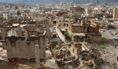 Houses destroyed due to the violent war in the city of Taiz, Yemen