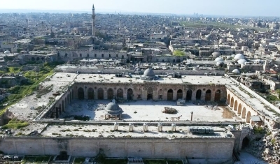 Destroyed mosque of Aleppo in aerial view, filmed by a drone, syria