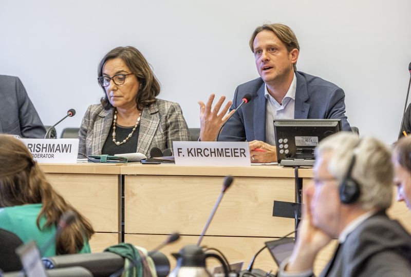 Felix Kirchmeier, Executive Director of the Geneva Human Rights Platform, during the launch of the UN Guidance on Less Lethal Weapons, along wiht Mona Rishwami from OHCHR